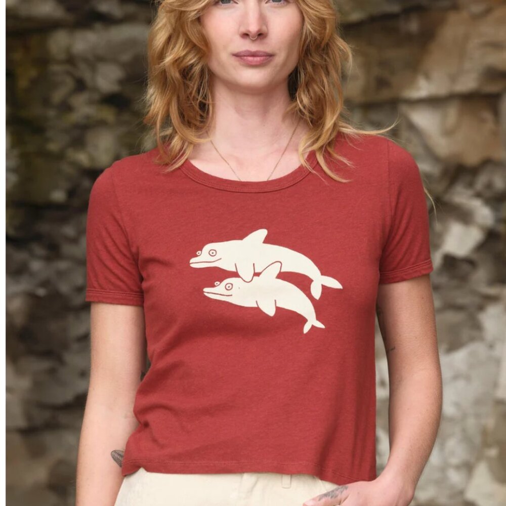 Mollusk California Dolphins Ringer Tee Shirt Cherry Red Size Small NWT